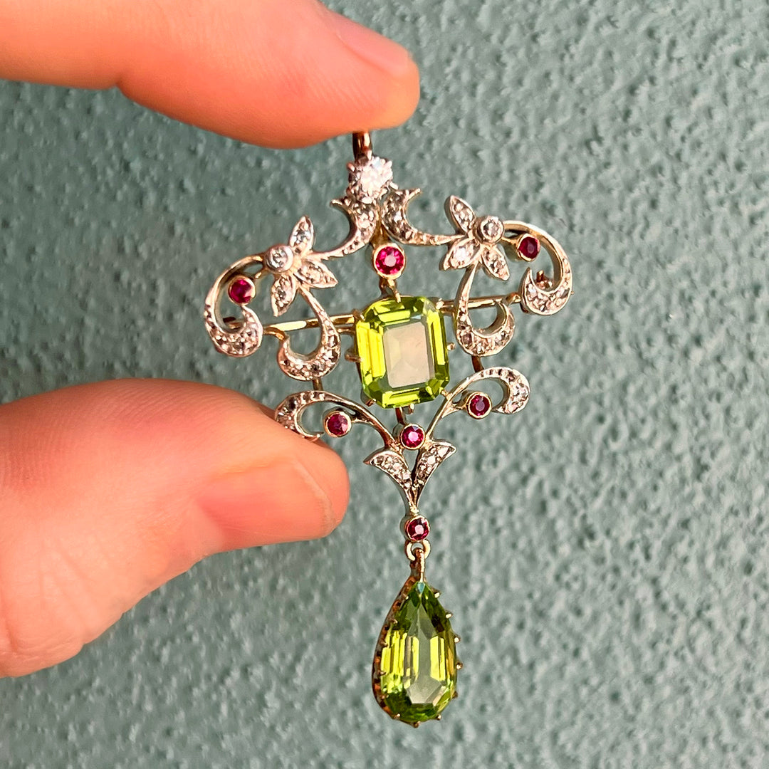 Art Nouveau Suffragette Peridot, Diamond & Ruby Pendant-Brooch, c. 1910