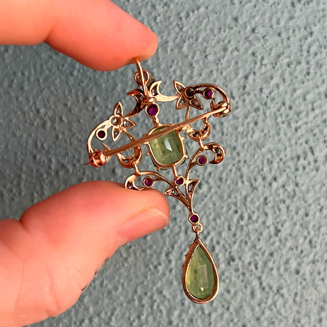Art Nouveau Suffragette Peridot, Diamond & Ruby Pendant-Brooch, c. 1910