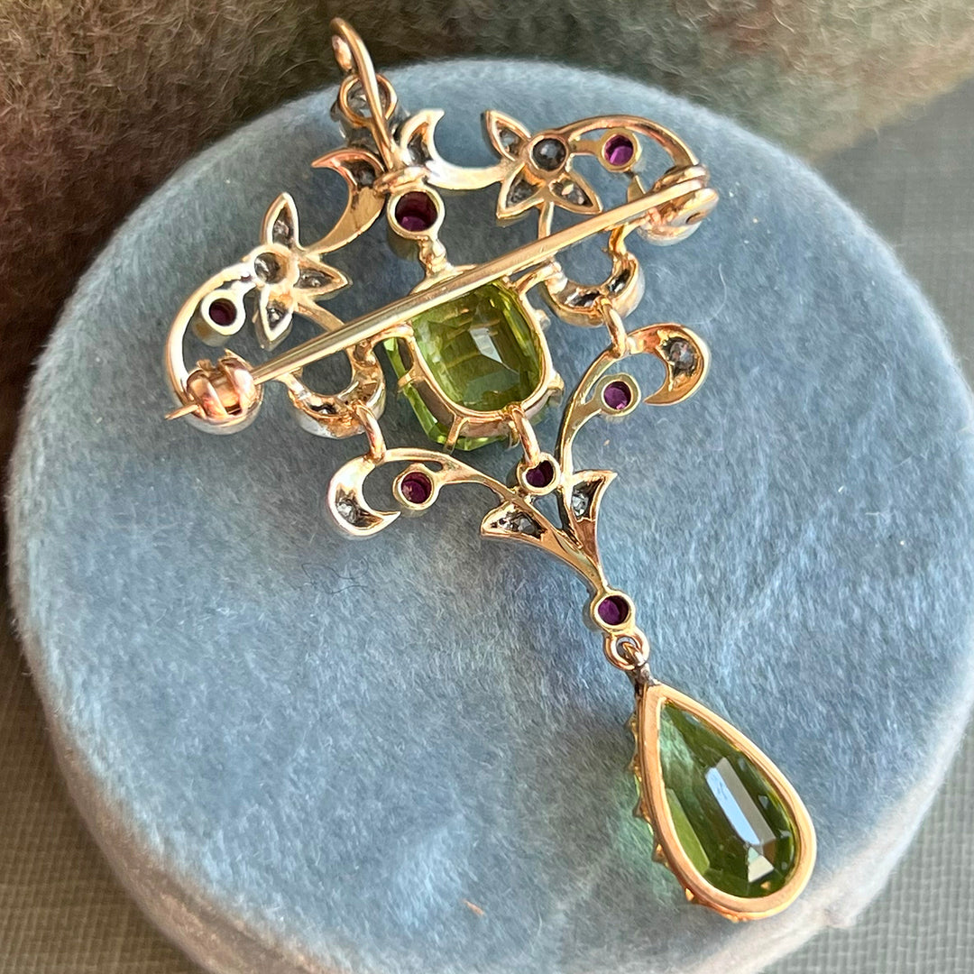 Art Nouveau Suffragette Peridot, Diamond & Ruby Pendant-Brooch, c. 1910