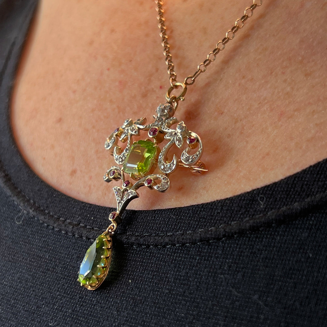 Art Nouveau Suffragette Peridot, Diamond & Ruby Pendant-Brooch, c. 1910