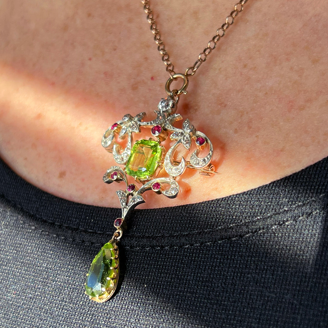 Art Nouveau Suffragette Peridot, Diamond & Ruby Pendant-Brooch, c. 1910
