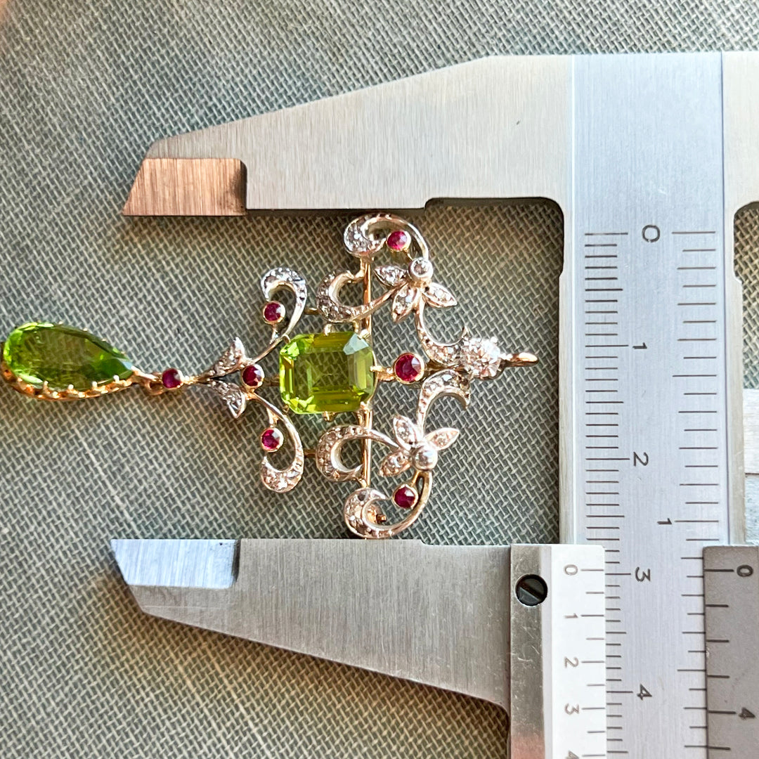 Art Nouveau Suffragette Peridot, Diamond & Ruby Pendant-Brooch, c. 1910