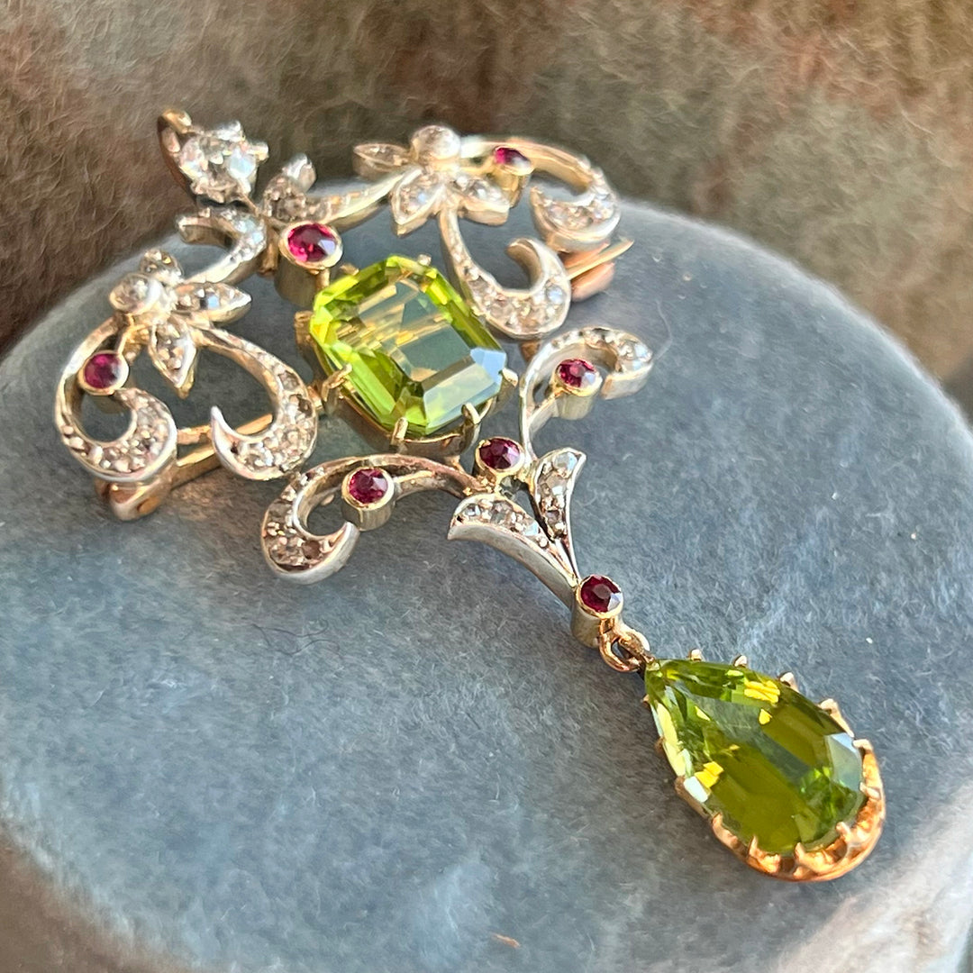Art Nouveau Suffragette Peridot, Diamond & Ruby Pendant-Brooch, c. 1910