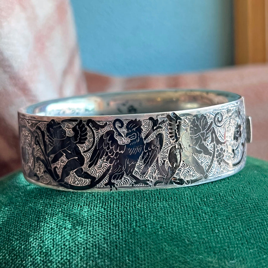 Antique Victorian Silver-Plated Bangle Black Enamel Griffin Cherub Motif, c. 1880