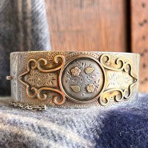 Antique French Silver Gold Floral Bangle, Engraved Masterpiece, c. 1890