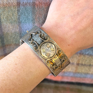 Antique French Silver Gold Floral Bangle, Engraved Masterpiece, c. 1890
