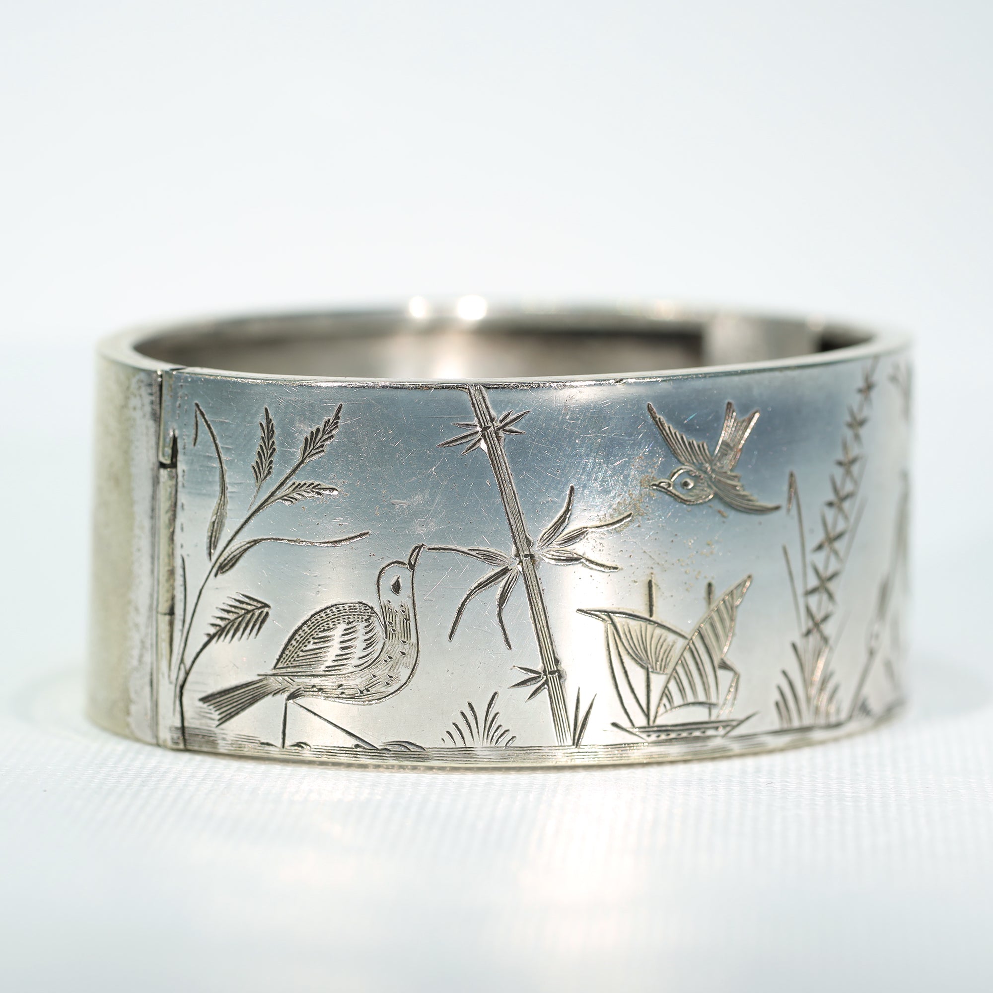 Antique Victorian Silver Engraved Bangle Bracelet Birds Water Ship Scene