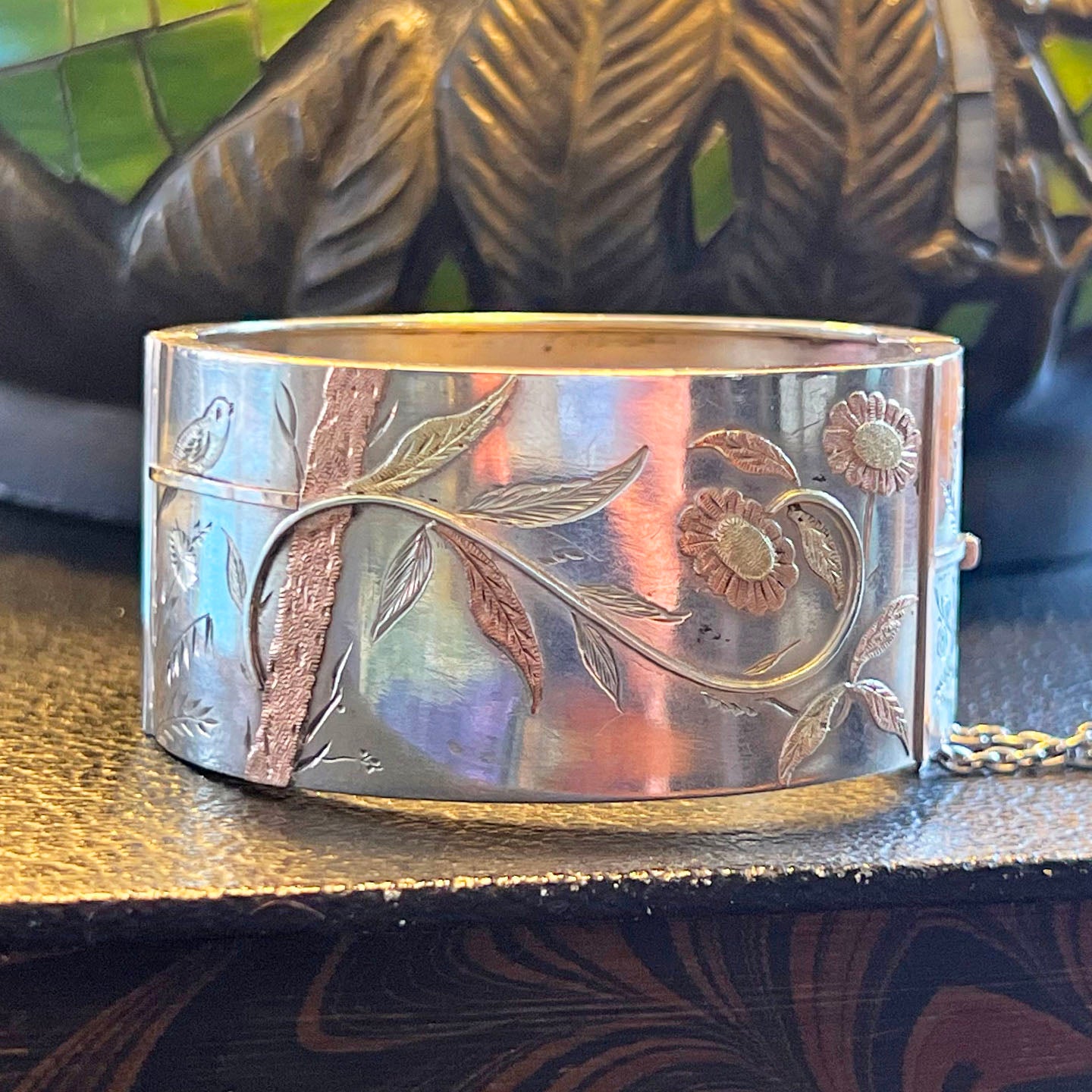 Antique Victorian Silver Aesthetic Bangle with Bird and Floral Motif, c. 1880