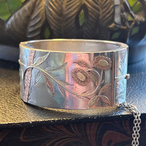 Antique Victorian Silver Aesthetic Bangle with Bird and Floral Motif, c. 1880