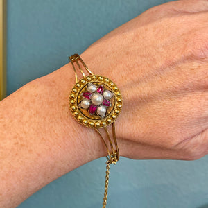 Victorian Ruby Pearl Diamond 15k Gold Bangle Bracelet