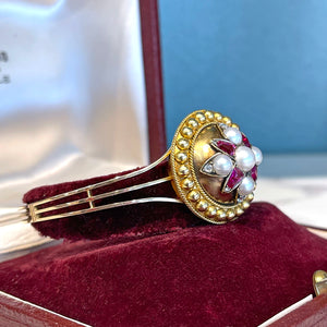 Victorian Ruby Pearl Diamond 15k Gold Bangle Bracelet