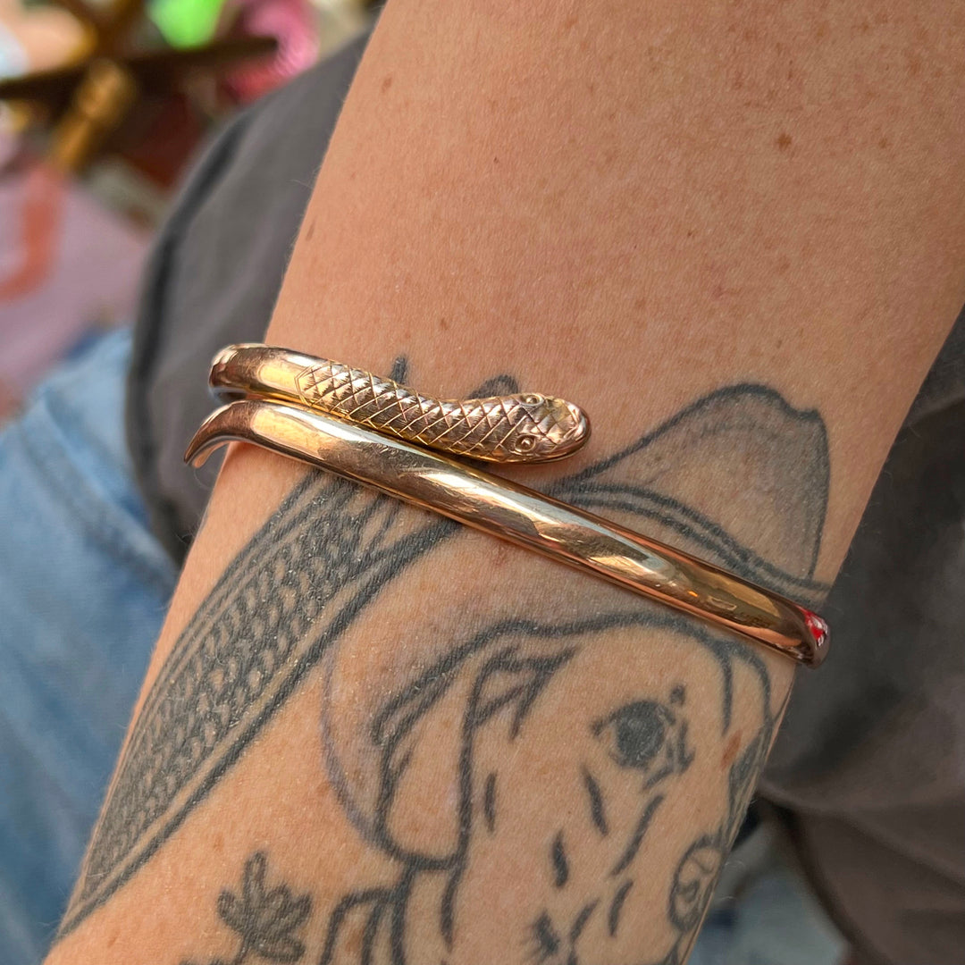 Antique Victorian 9k Gold Coiled Snake Arm Bangle c. 1900