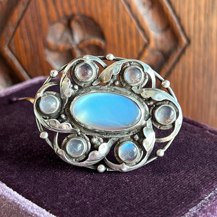 Antique Art & Crafts Silver Moonstone Oval Brooch Pin