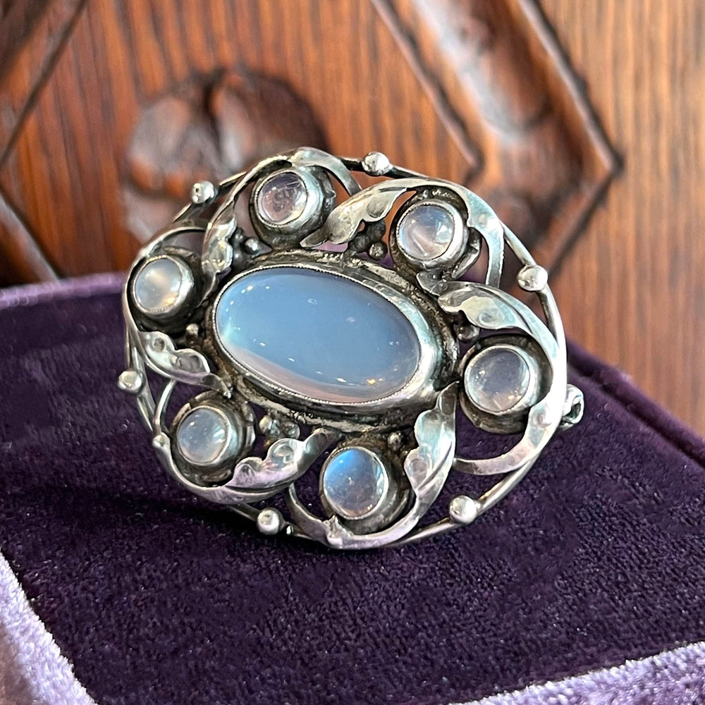 Antique Art & Crafts Silver Moonstone Oval Brooch Pin