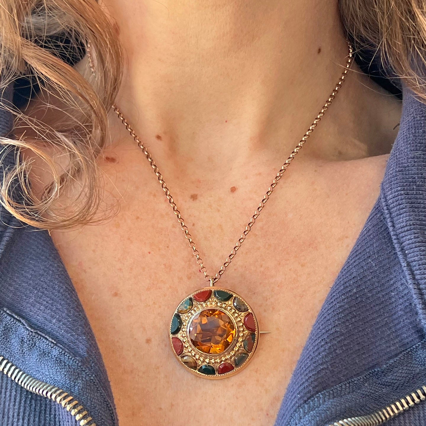 Antique Victorian Scottish Citrine Agate Brooch Pendant, c. 1870