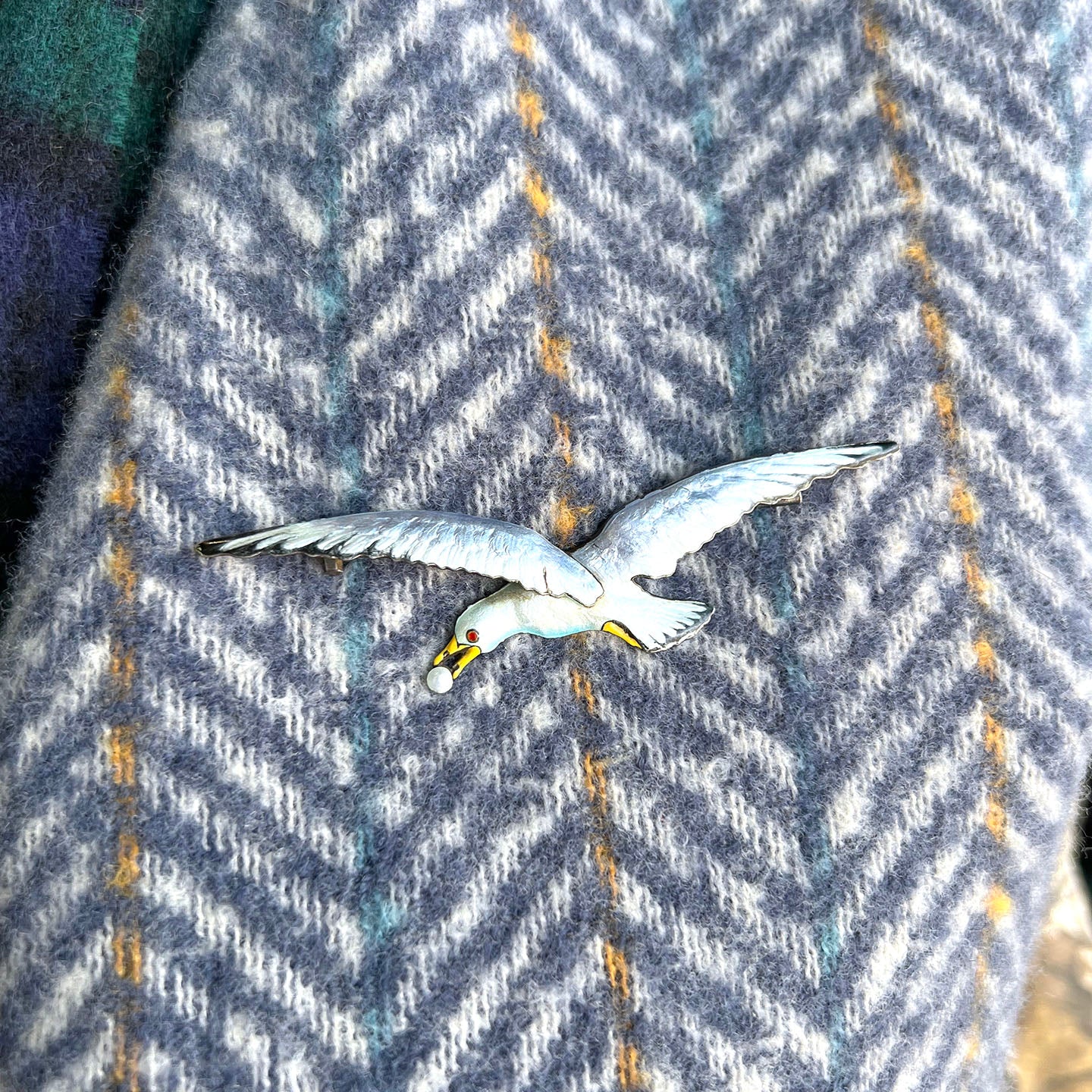 Antique Silver Enamel Brooch Seagull in Flight
