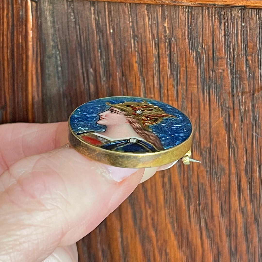 Antique French Limoges Enamel Warrior Woman Brooch in 18K Gold, Circa 1900