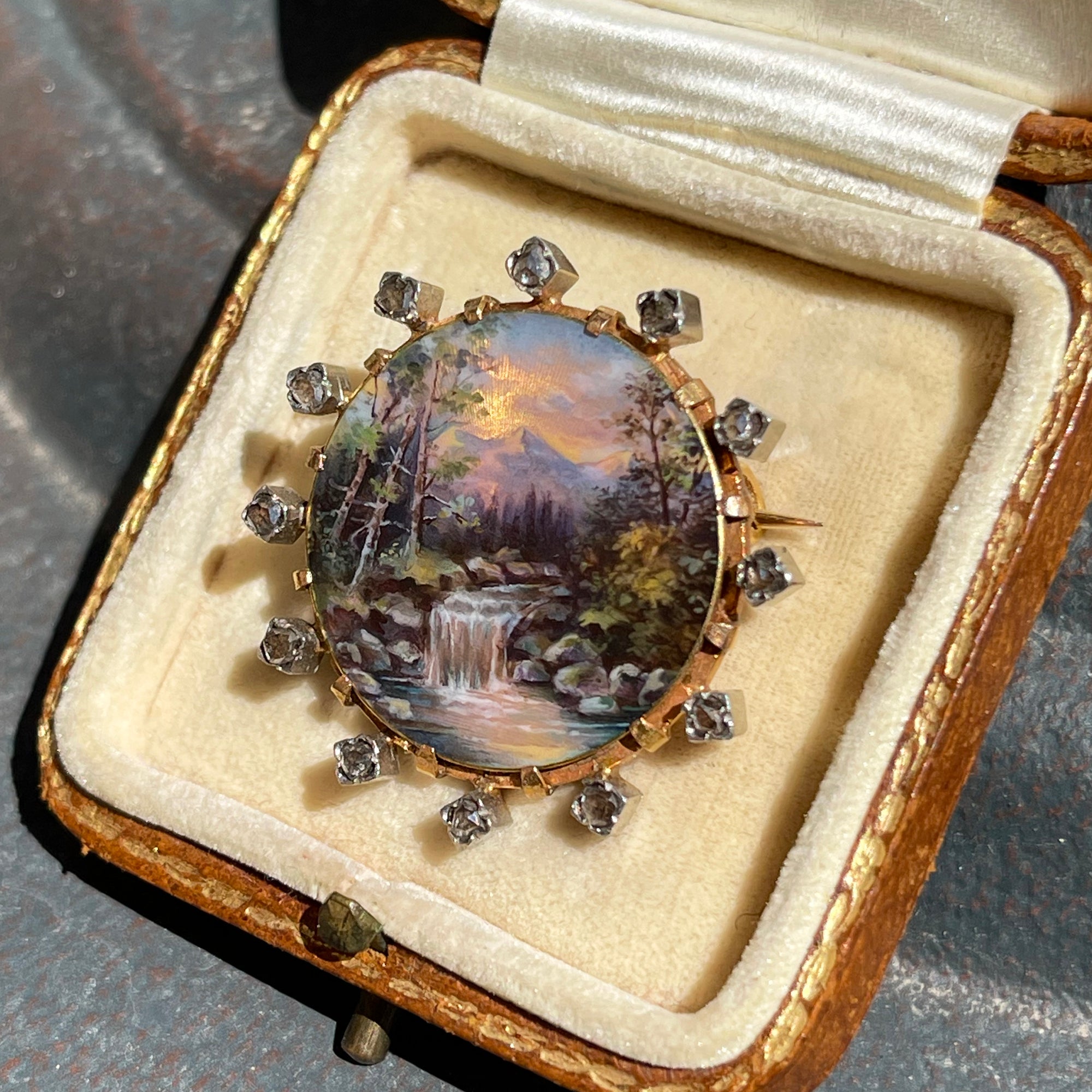 Antique 18k Gold French Enamel Scene Brooch Masterwork Diamond Frame