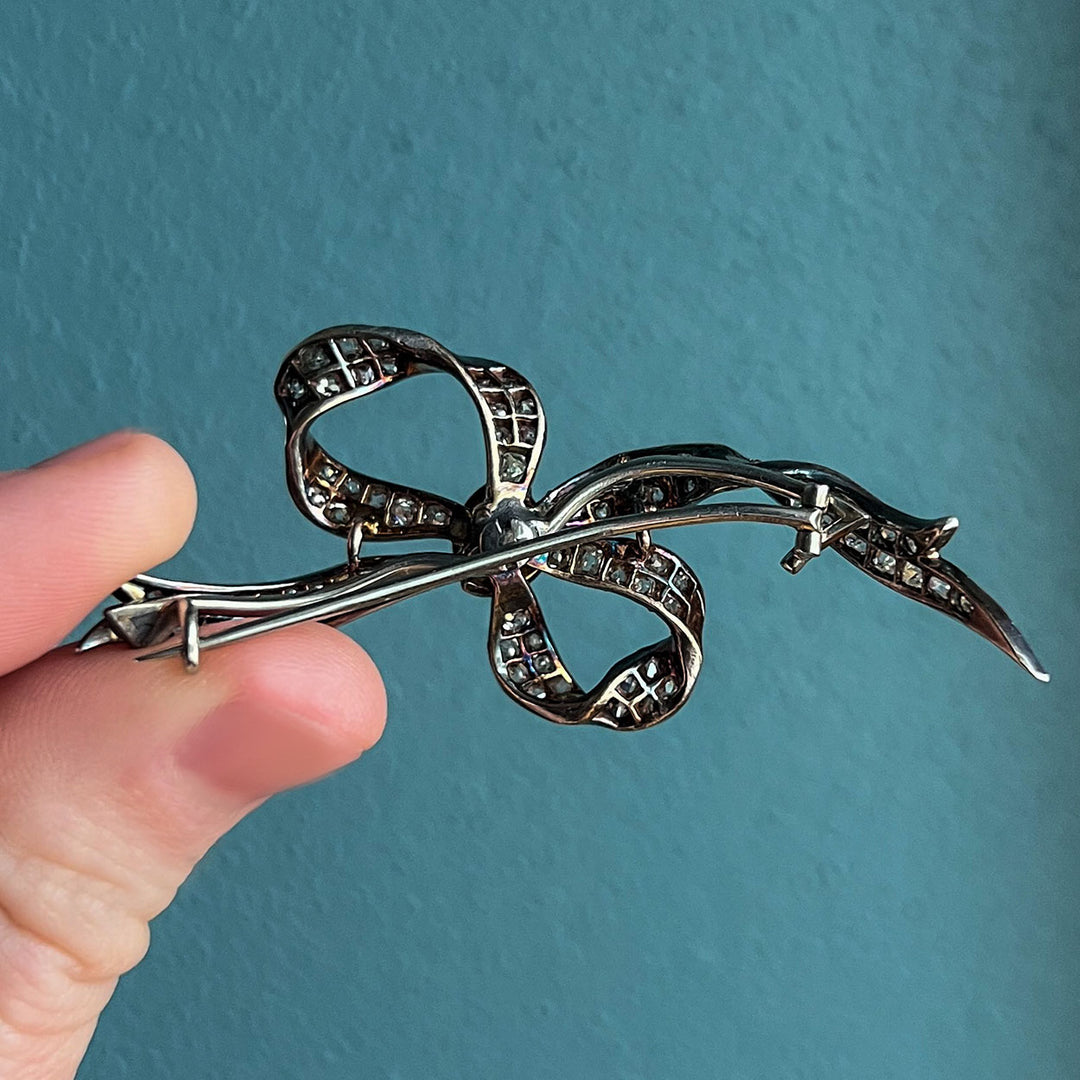Antique Diamond Bow Brooch 18k Gold Silver Set