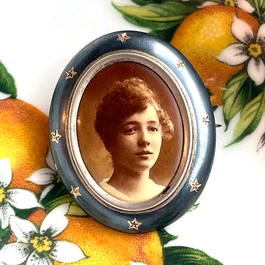 Victorian Locket Brooch with Enamel Portrait Silver Niello