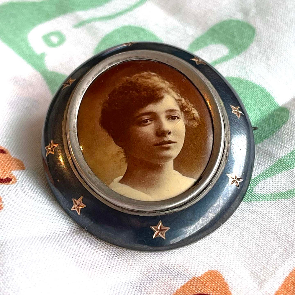 Victorian Locket Brooch with Enamel Portrait Silver Niello