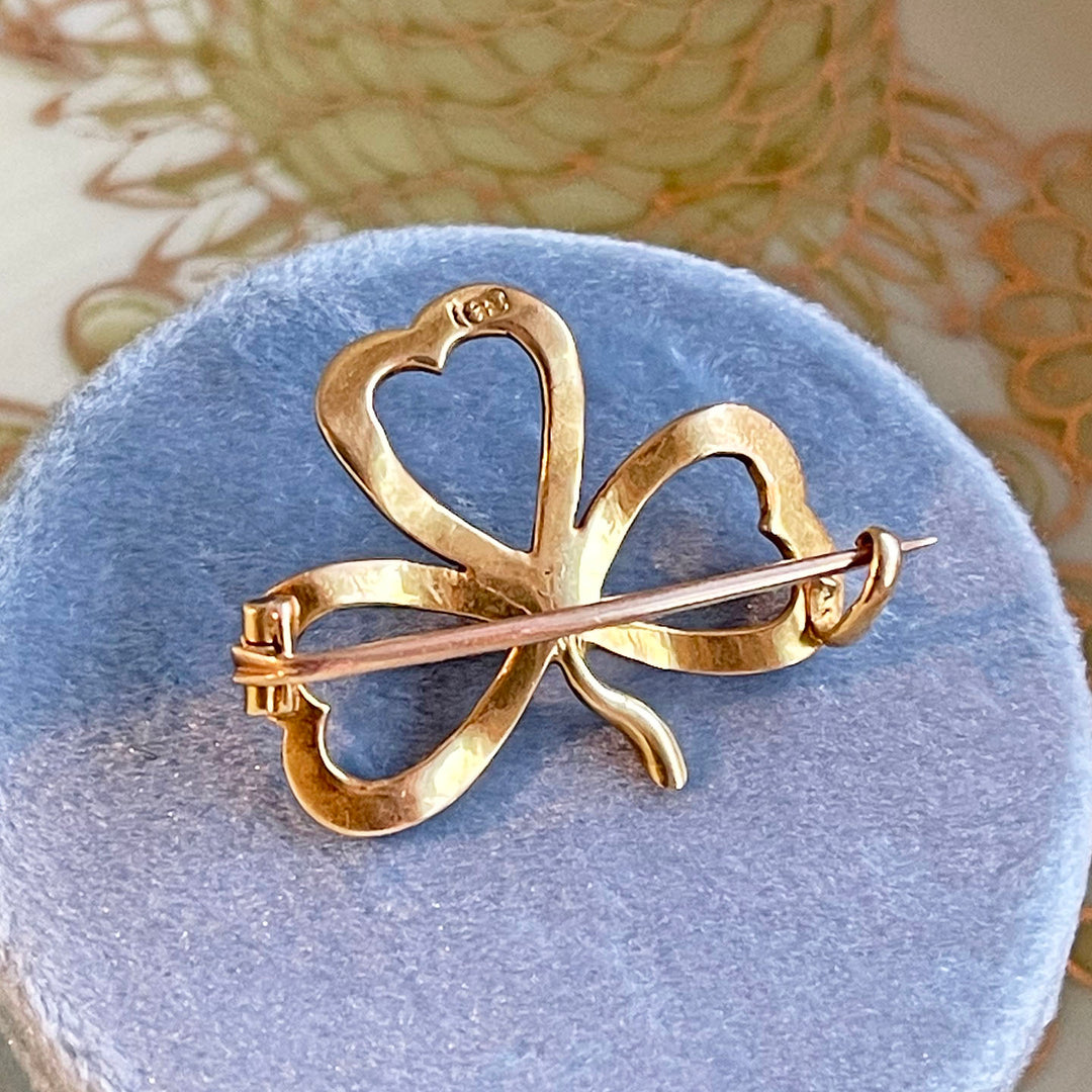 Antique Enamel Clover Brooch Pin 18k Gold with Red Enamel and Pearl, c. 1890