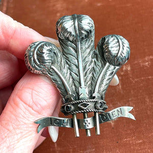 Victorian Silver Engraved Prince of Wales Brooch 3 Feathers