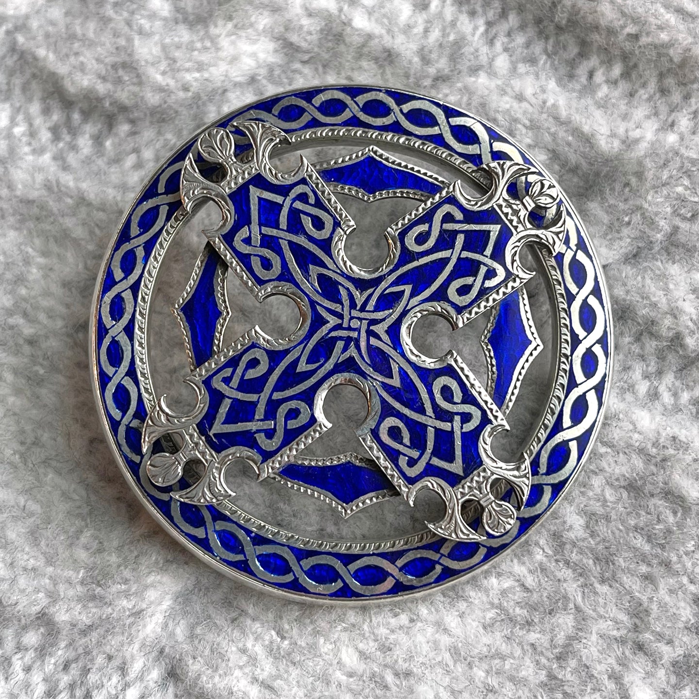 Victorian Silver Blue Enamel Celtic Brooch Pin