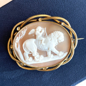 Antique "Love Conquers All" Brooch Cupid Lion Cameo Pinch