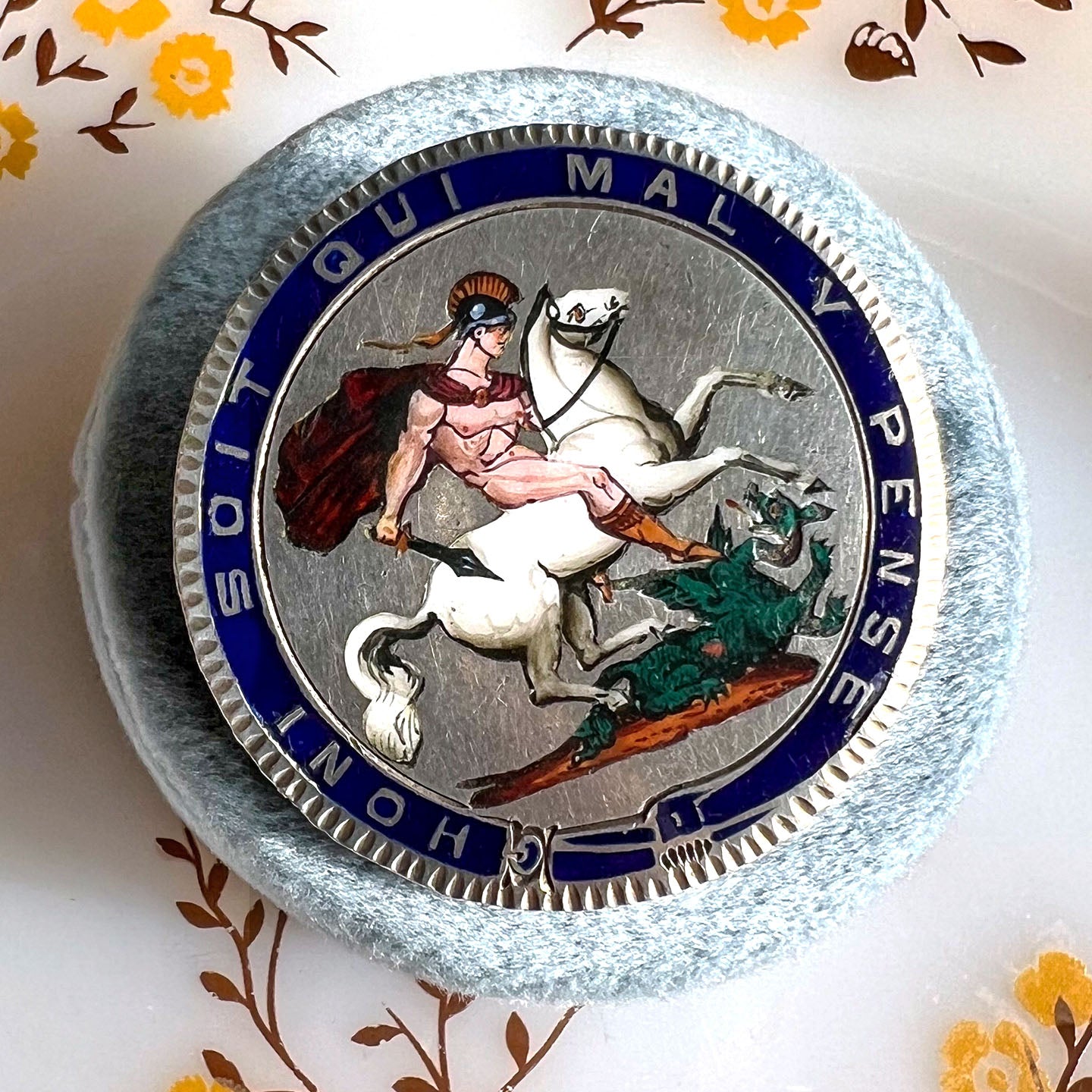 Antique Georgian Enamel Silver Brooch St. George and the Dragon