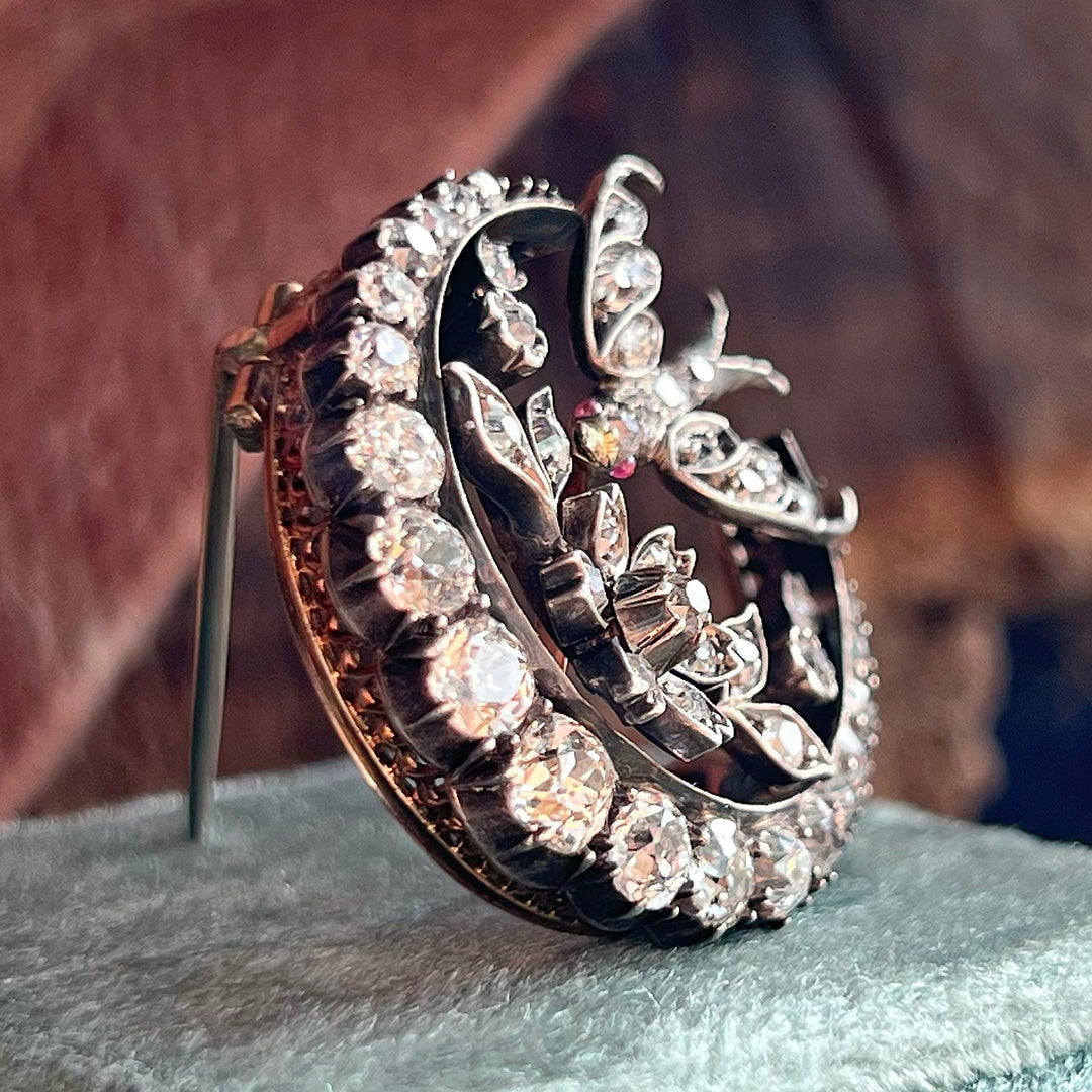 Victorian Diamond Bird and Crescent Brooch, 15k Gold and Silver c. 1870