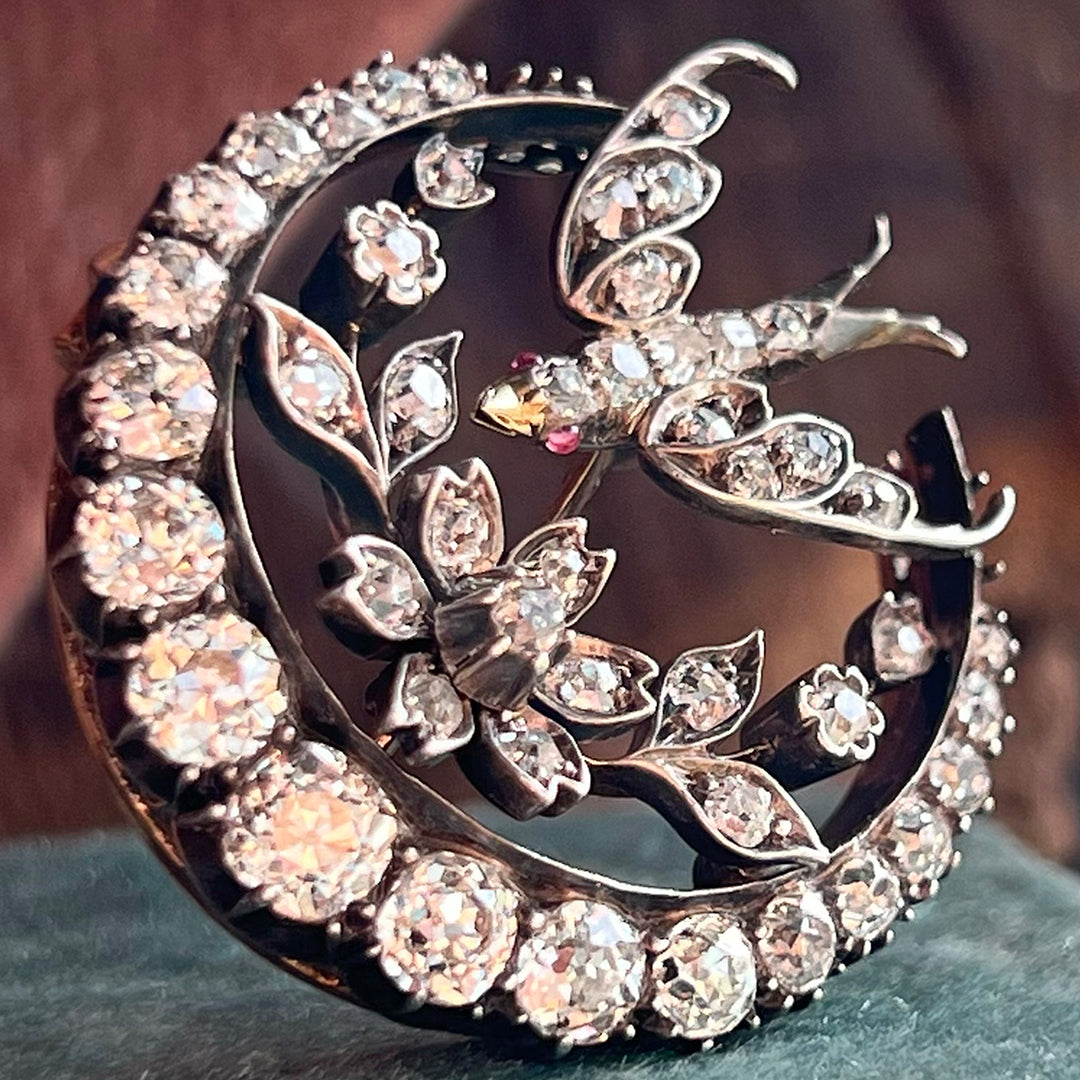 Victorian Diamond Bird and Crescent Brooch, 15k Gold and Silver c. 1870