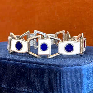Midcentury Silver Enamel Bracelet Blue White Bold by Una A Erre