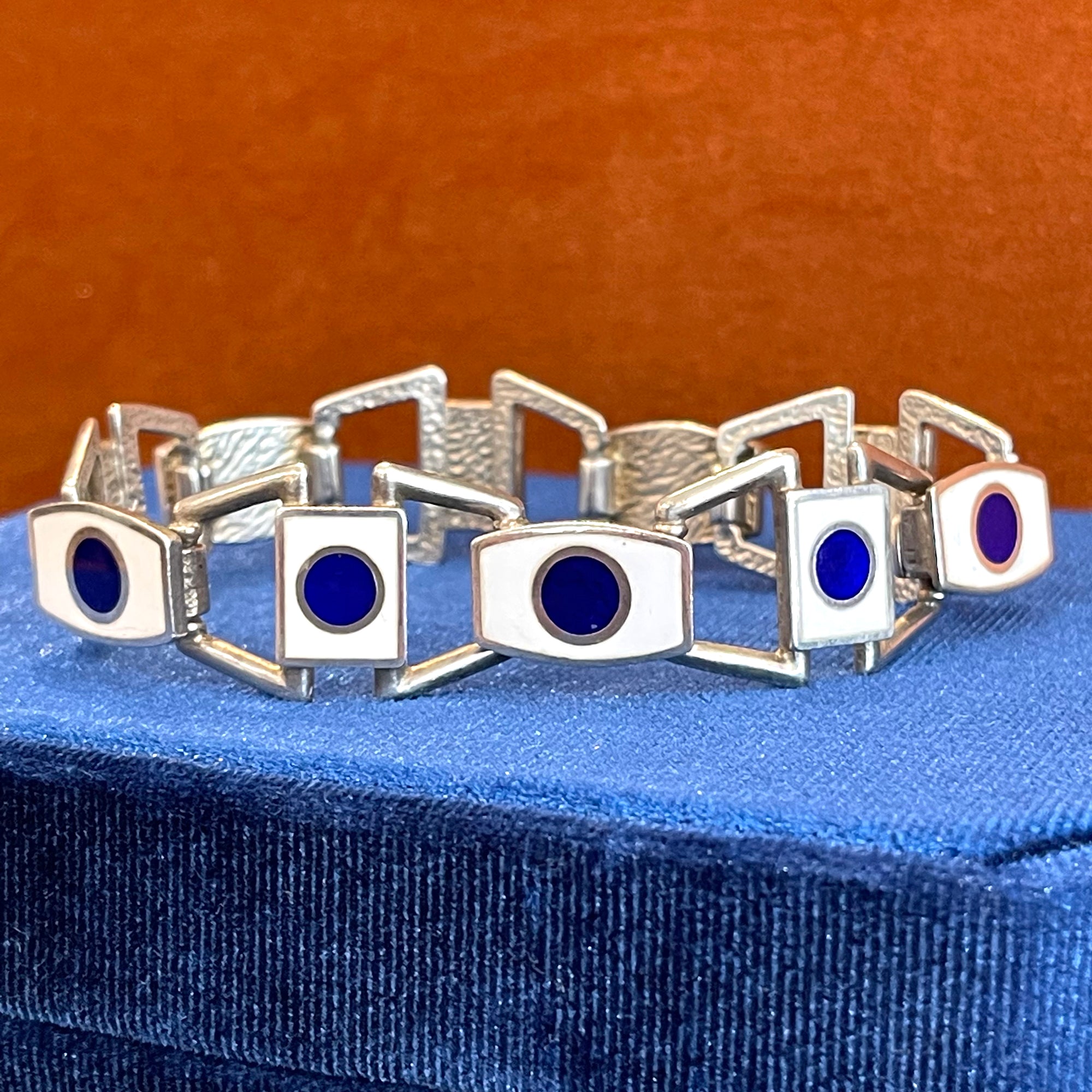 Midcentury Silver Enamel Bracelet Blue White Bold by Una A Erre