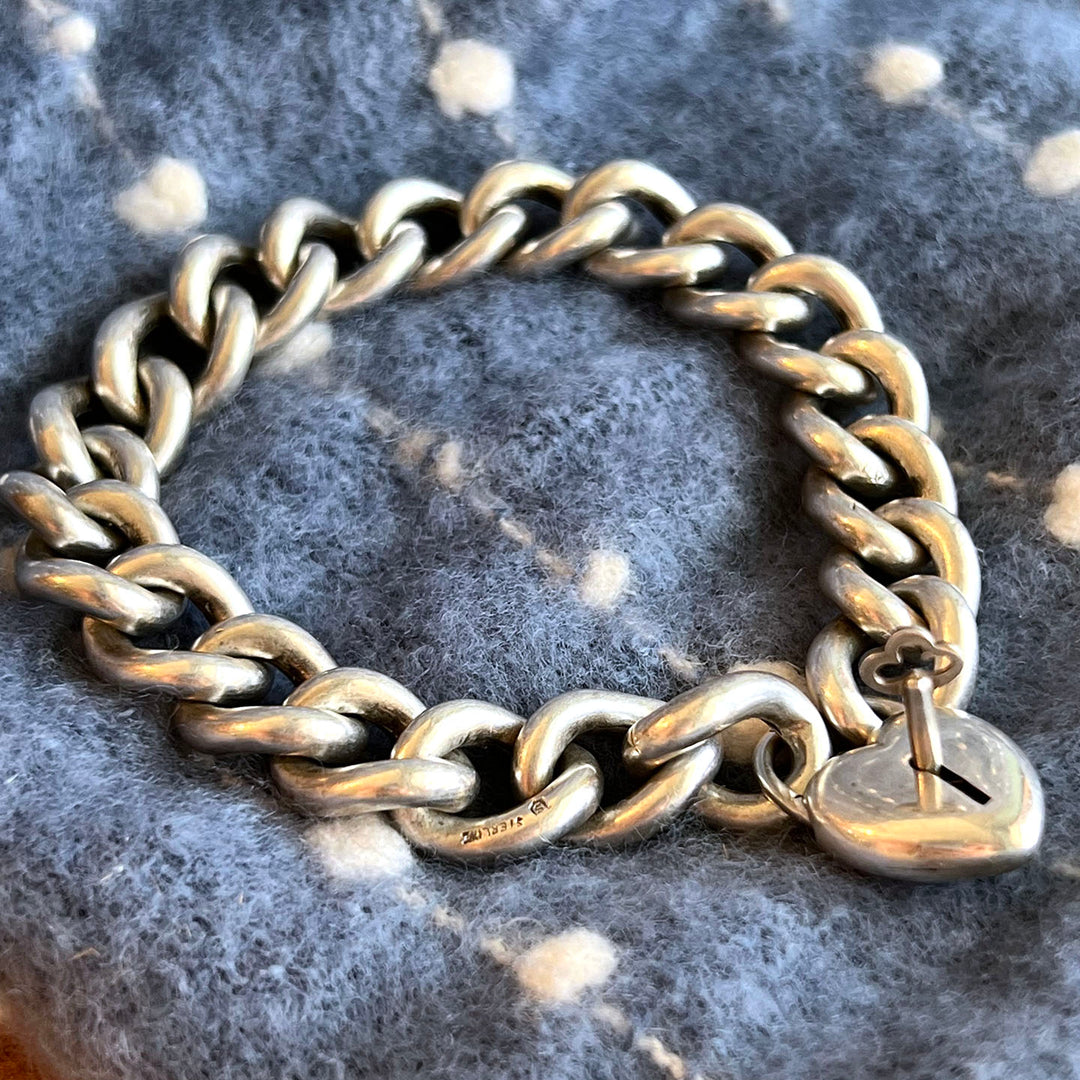 Antique Sterling Silver Curb Link Bracelet Heart Lock w/Key