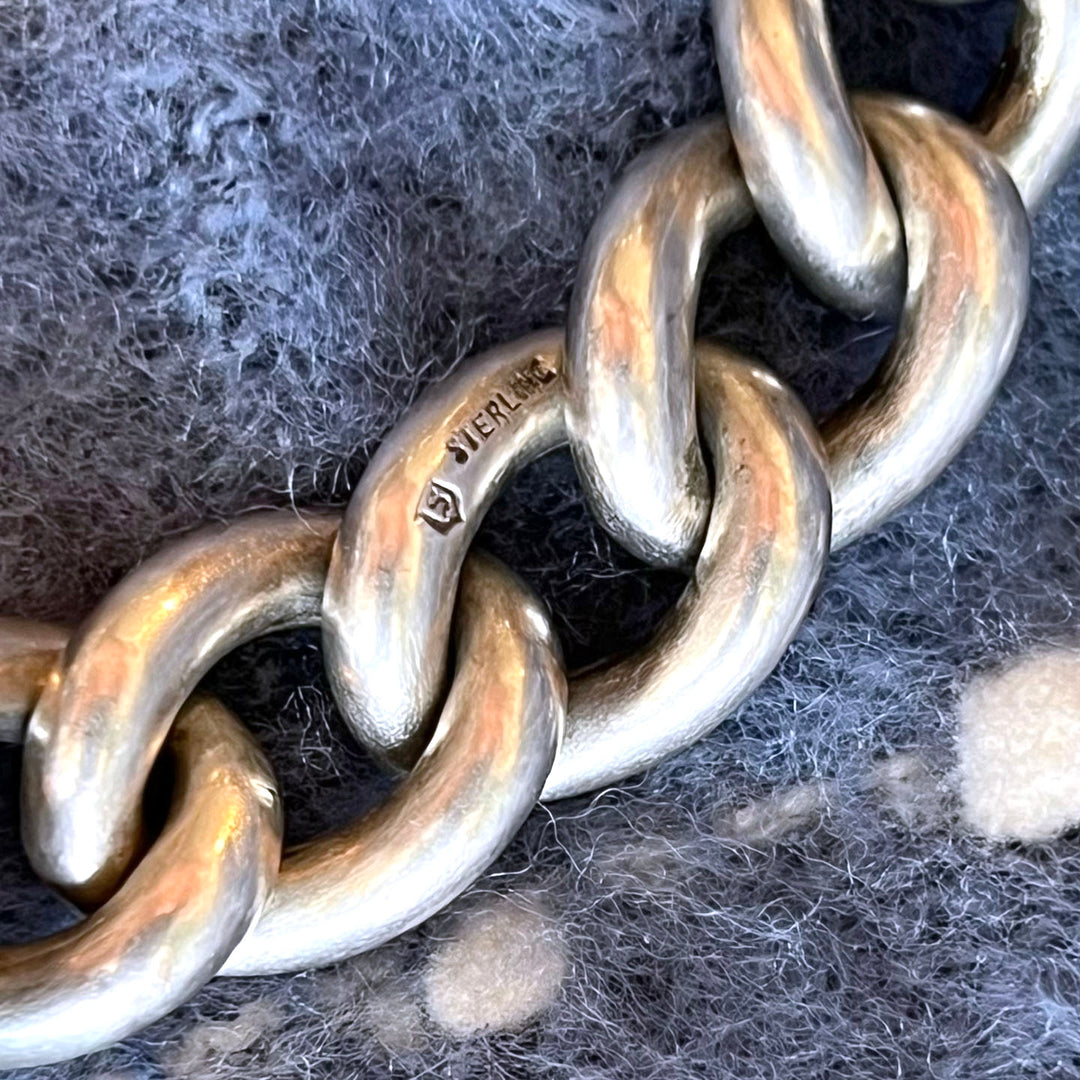 Antique Sterling Silver Curb Link Bracelet Heart Lock w/Key