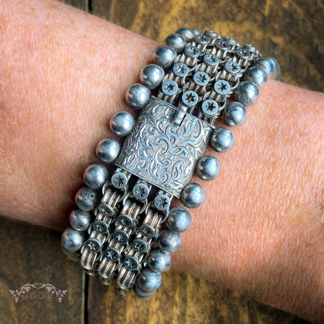 Chunky Antique Victorian Sterling Silver Bracelet 7.5"
