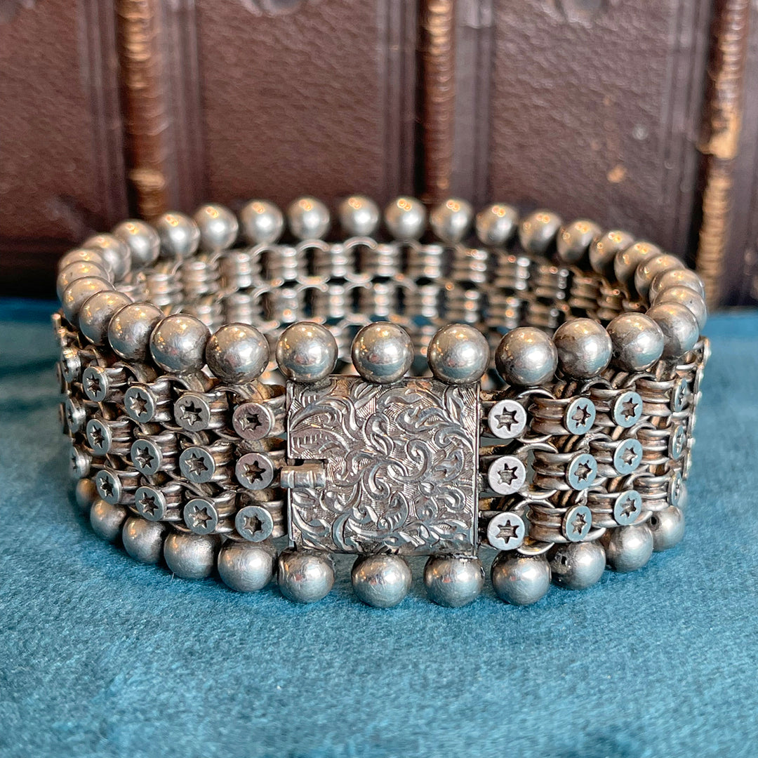 Chunky Antique Victorian Sterling Silver Bracelet 7.5"