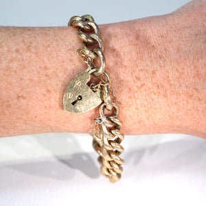 Antique 9k Gold Heart Curb Link Bracelet 7.75"
