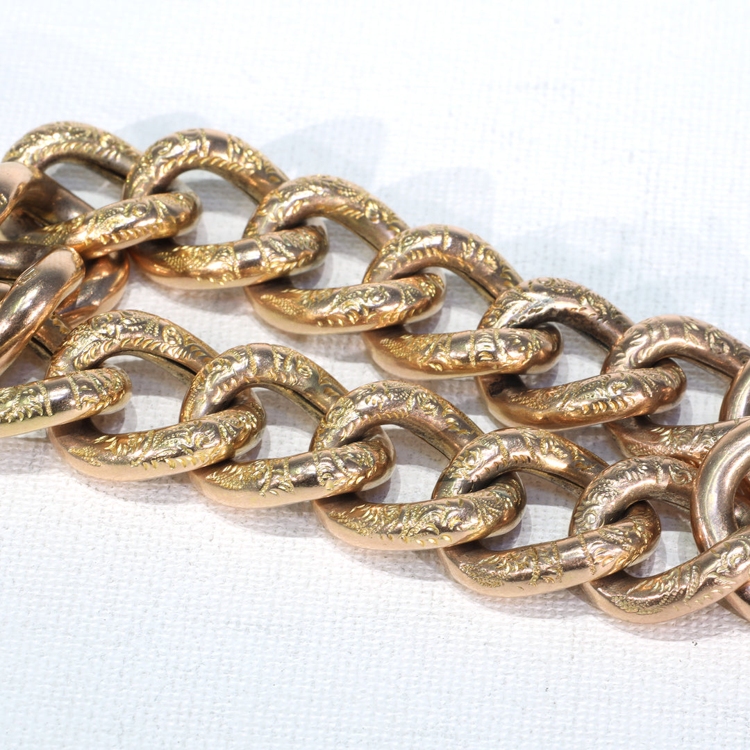 Victorian 9k Gold Curb Link Bracelet Heart Lock Large Chunky Links