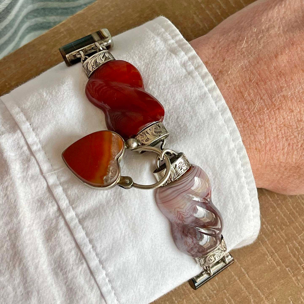 Scottish c.1880 Agate Silver Link Bracelet Heart Lock