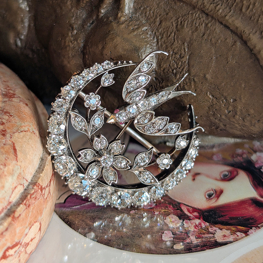Victorian Diamond Bird and Crescent Brooch, 15k Gold and Silver c. 1870