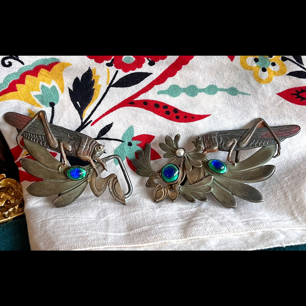 Bronze Art Nouveau French Grasshopper Belt Buckle with Peacock Glass