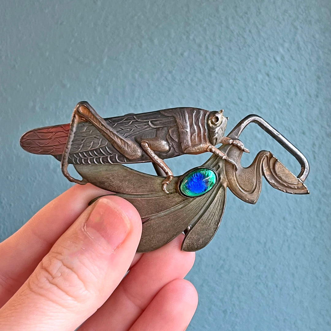 Bronze Art Nouveau French Grasshopper Belt Buckle with Peacock Glass