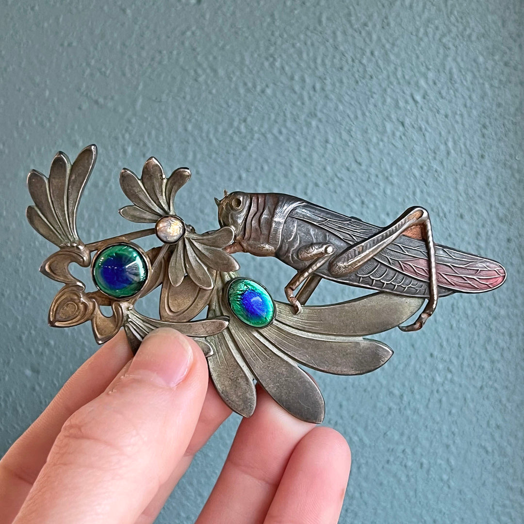 Bronze Art Nouveau French Grasshopper Belt Buckle with Peacock Glass