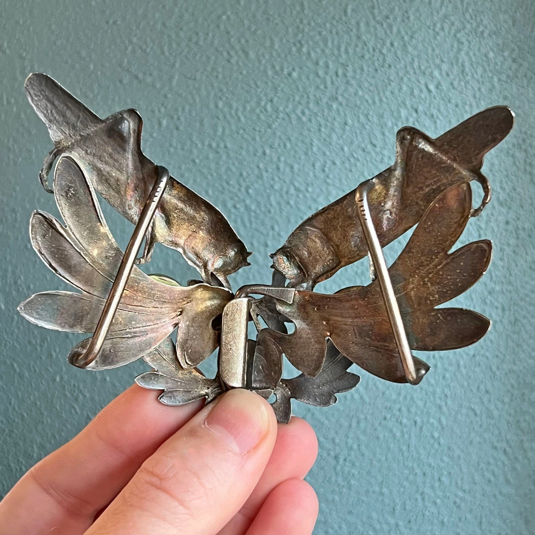Bronze Art Nouveau French Grasshopper Belt Buckle with Peacock Glass