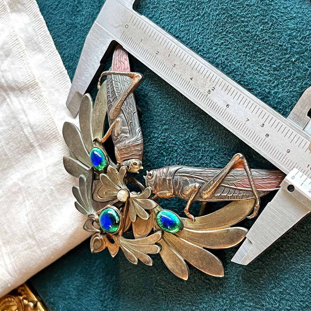 Bronze Art Nouveau French Grasshopper Belt Buckle with Peacock Glass