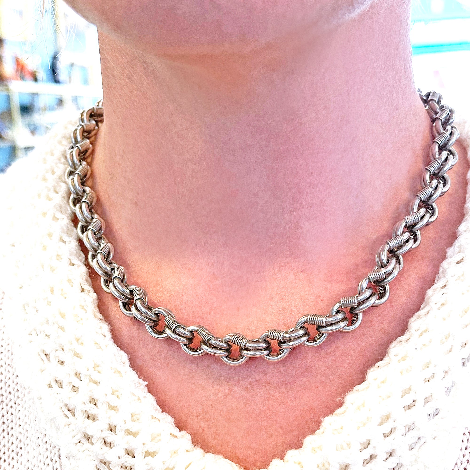 Chunky Antique Silver Handcrafted Victorian Chain Necklace