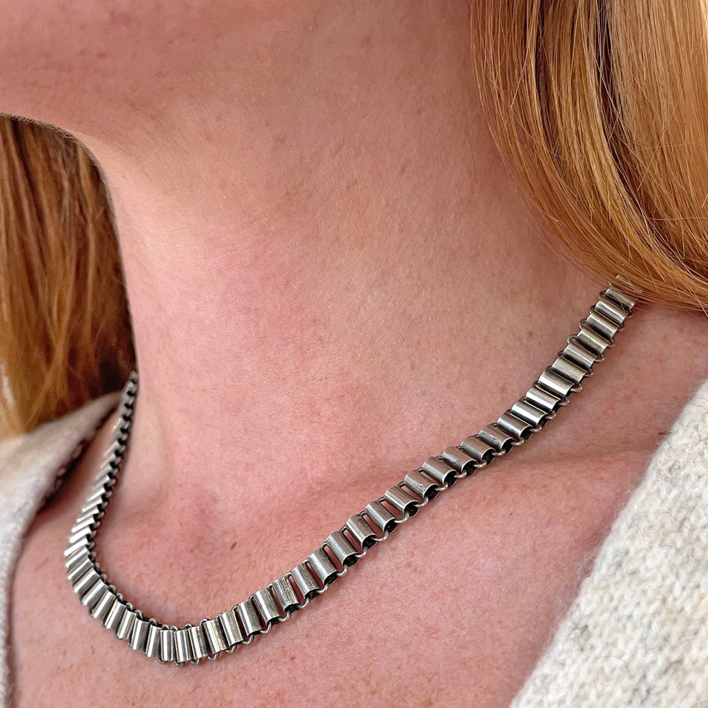 Antique Victorian Silver Barrel Link Collar Necklace 17 Inches