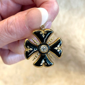 Early Victorian Black Enamel Diamond Maltese Cross